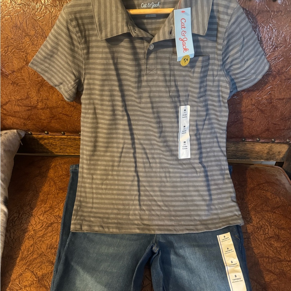 Cat & Jack Outfit - Size 8 - Gray Striped Kids Polo Shirt & Adjustable Jeans